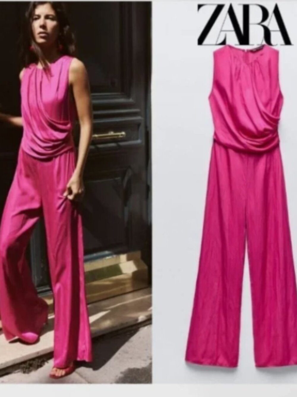 ZARA Fuchsia Pink Satin-Effect Wide Leg Jumpsuit – Size Large - NWT
